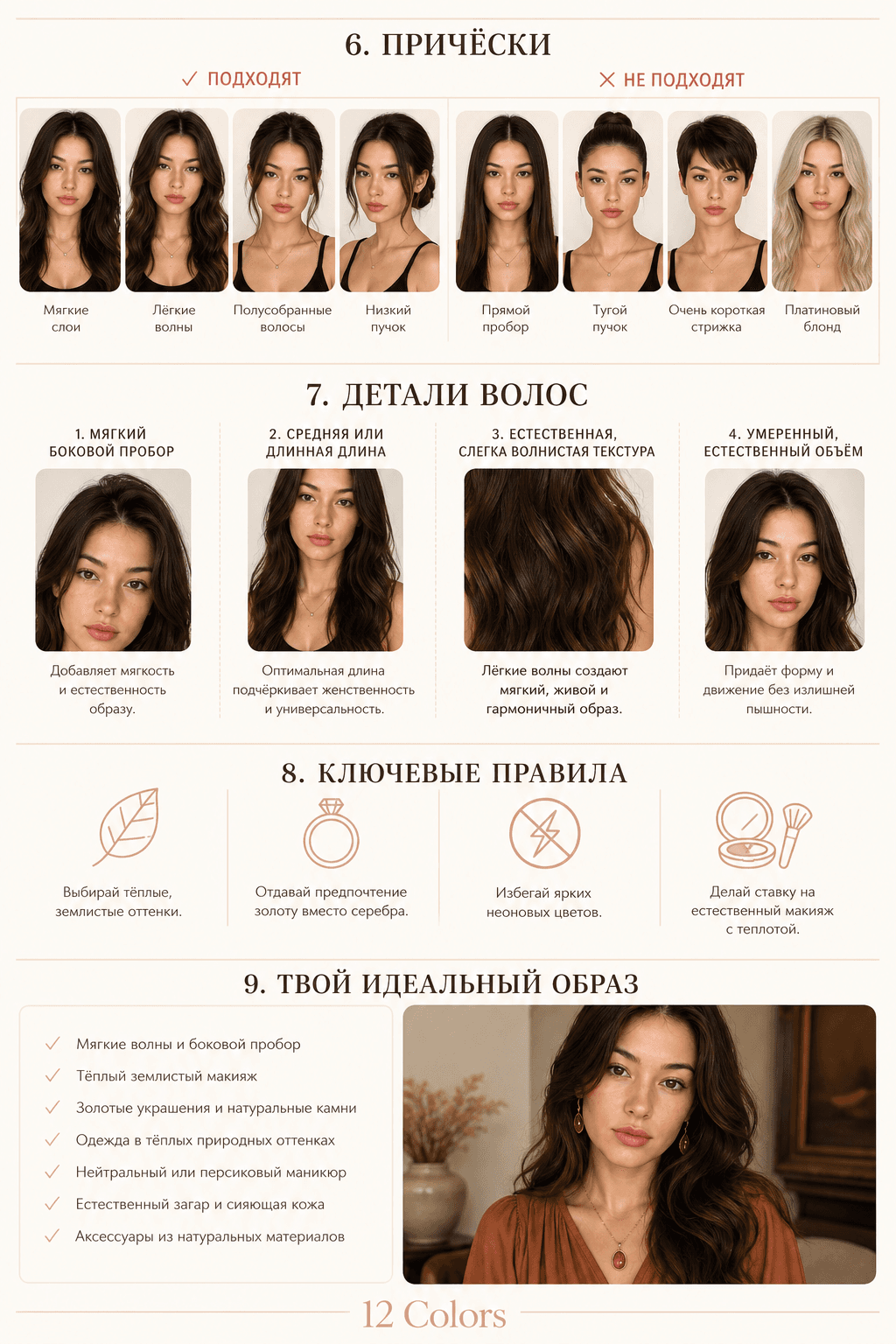 Пример результата анализа цветотипа — Тёплая осень, стандарт 12 Colors: карточка 2 — причёски, детали образа, ключевые правила